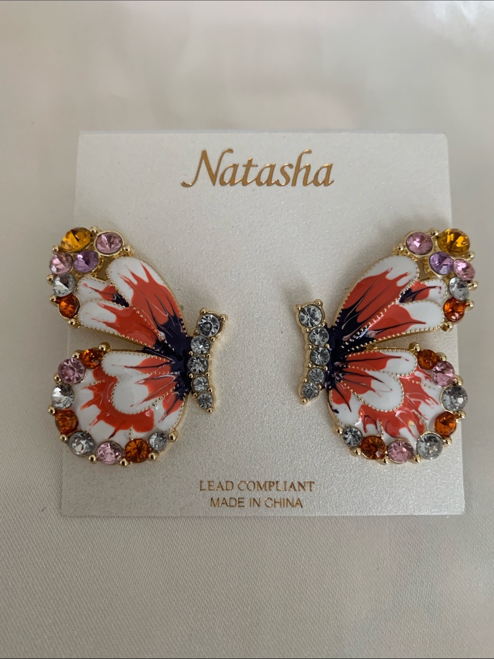 Natasha Couture Orange, White & Pink Butterfly Crystal Earrings - Picture 6 of 8